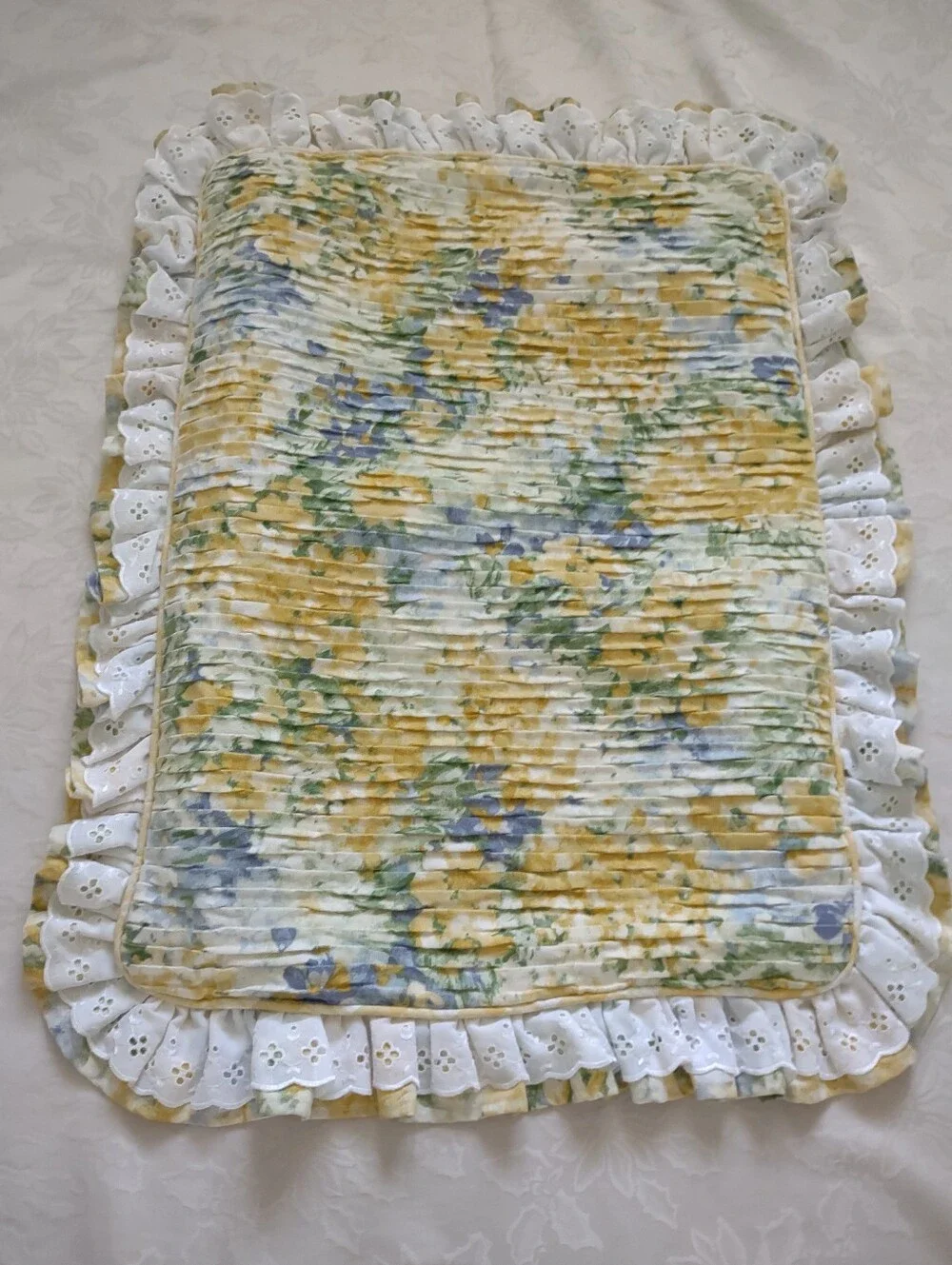 Vintage Pleated Plisse Floral Romantic Garden Embroidered Ruffled Pillow Sham